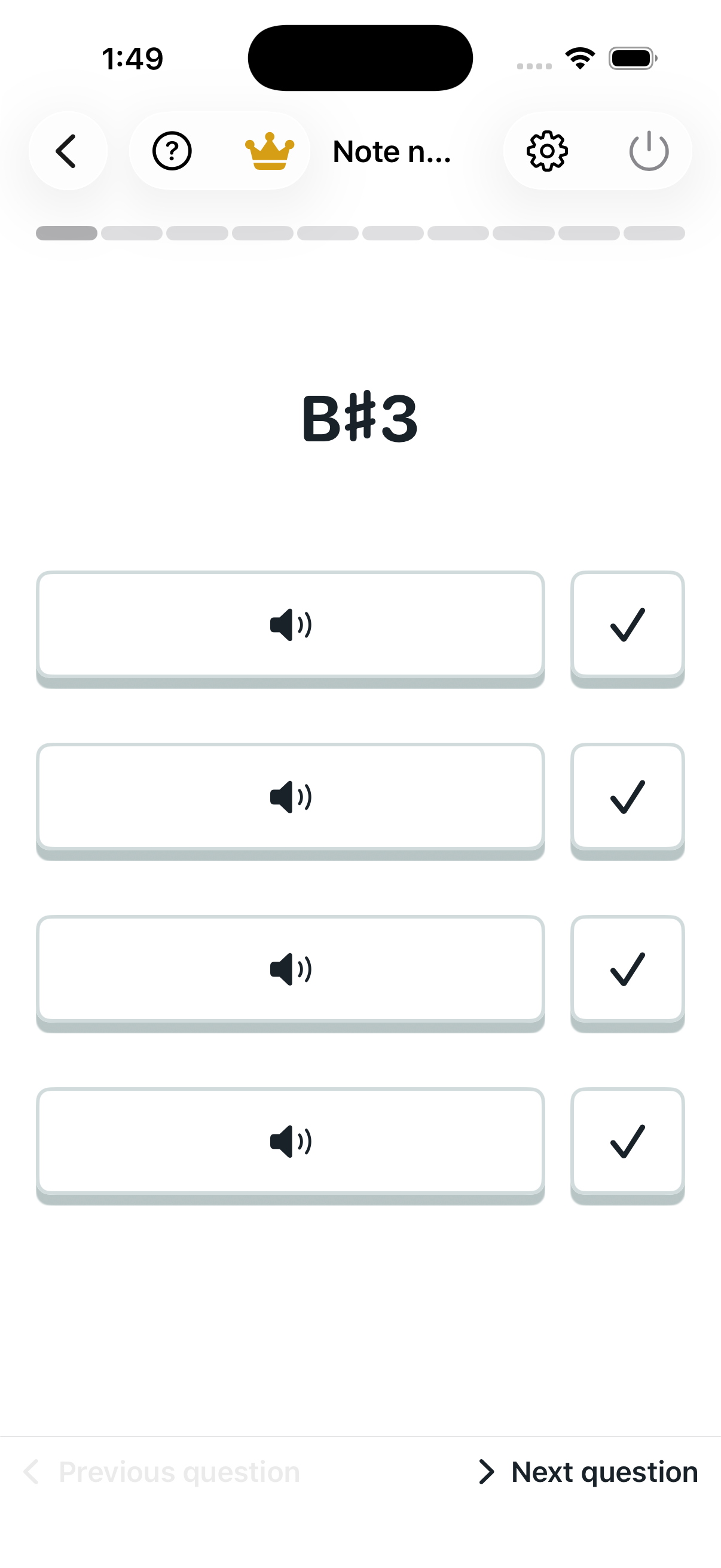 Note name to pitch: question screen