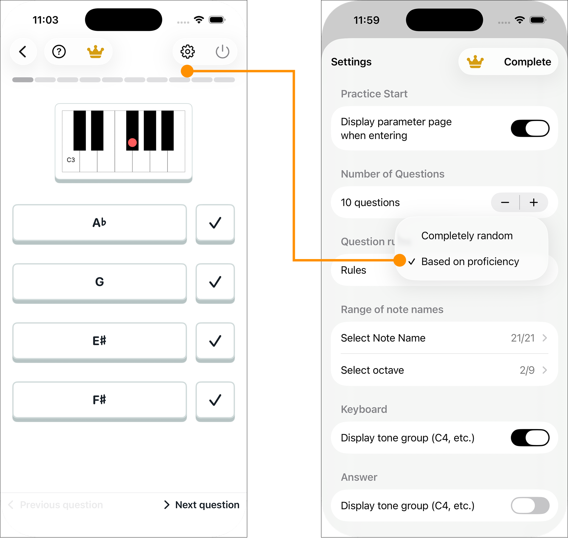 Question selection settings